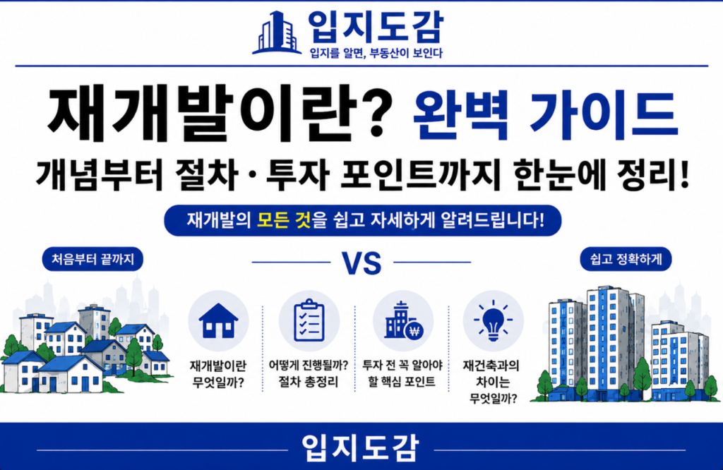 재개발의 개념과 절차, 재건축과의 차이를 설명하는 인포그래픽