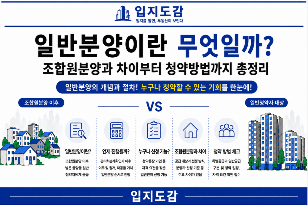 일반분양의 개념과 조합원분양 차이, 청약 절차를 설명하는 인포그래픽