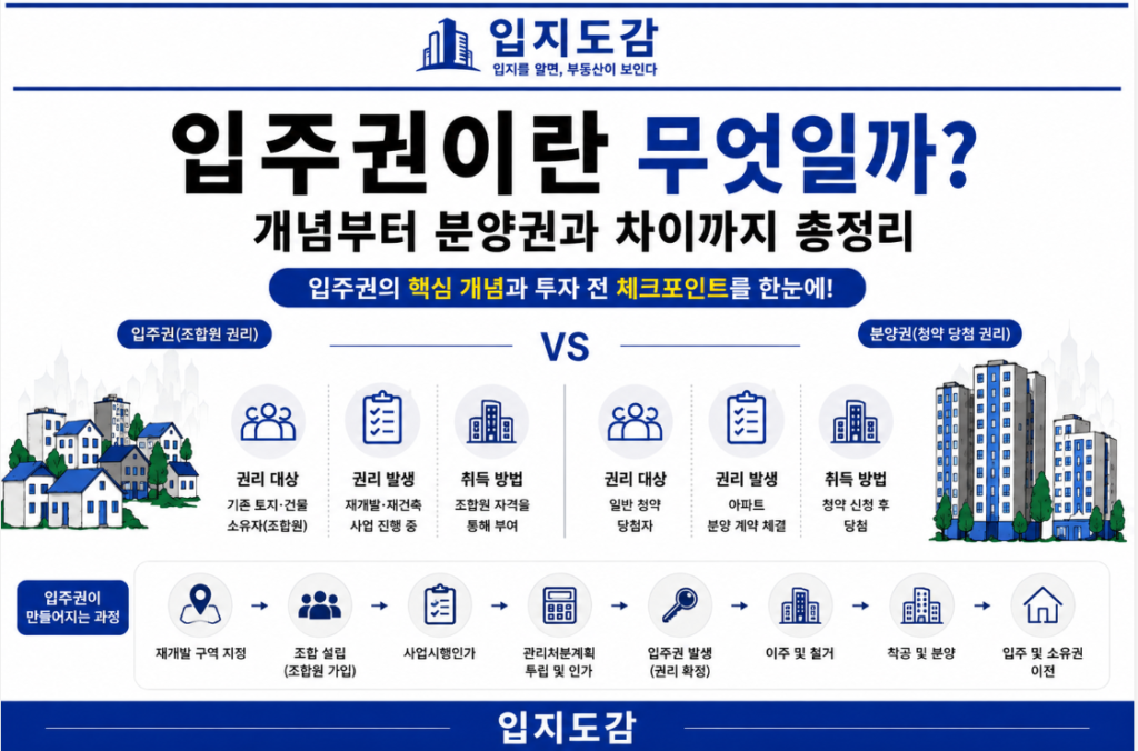 입주권의 개념과 분양권 차이, 재개발 투자 체크포인트를 설명하는 인포그래픽