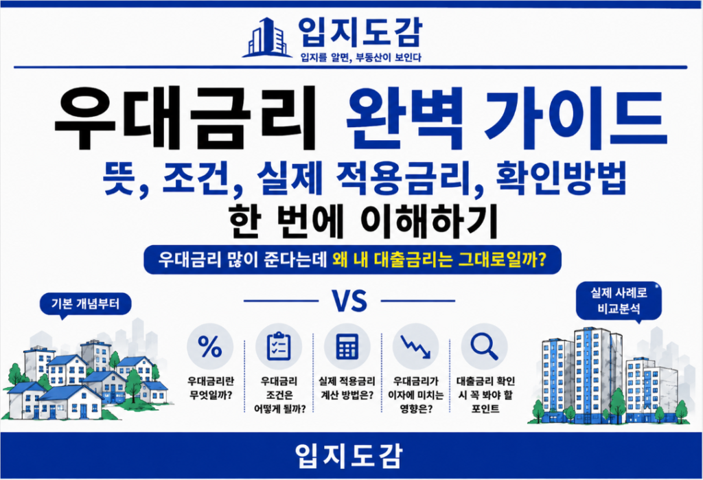 우대금리의 뜻과 적용 조건, 최대 우대금리와 실제 적용금리의 차이, 최종 대출금리 확인 방법을 정리한 우대금리 안내 이미지.